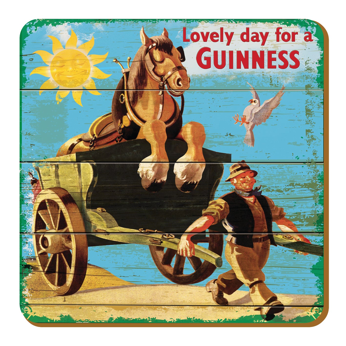 Guinness UK presents their Vintage-style "Horse & Cart" Coaster, showcasing an iconic scene of a horse sitting leisurely in a cart pulled by a man, with a bird soaring above. The text reads: "Lovely day for a Guinness." This piece is perfect for your collection of Horse & Cart memorabilia.