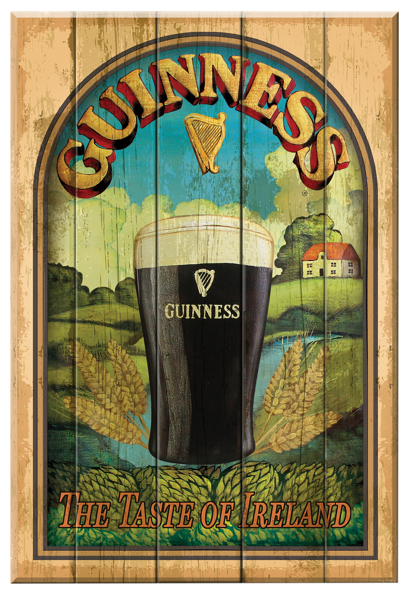 The Guinness Nostalgic Sign - Taste Of Ireland by Guinness UK features a vintage wall plaque design with a pint of beer, wheat, and a serene landscape. The piece reads "Guinness: The Taste of Ireland" alongside the iconic harp logo, and offers a charming weathered wood effect that encapsulates the classic essence of Ireland's cherished brew.