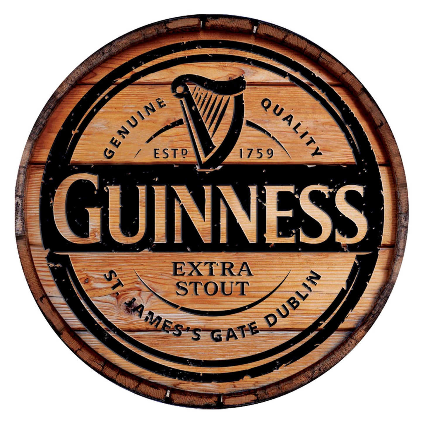 The Guinness UK Wooden Bar Sign - Extra Stout Label features the authentic Guinness logo, the text "Genuine Quality Extra Stout St. James's Gate Dublin," and an image of an Irish harp, making it perfect for adding charm to your Irish pub decor.