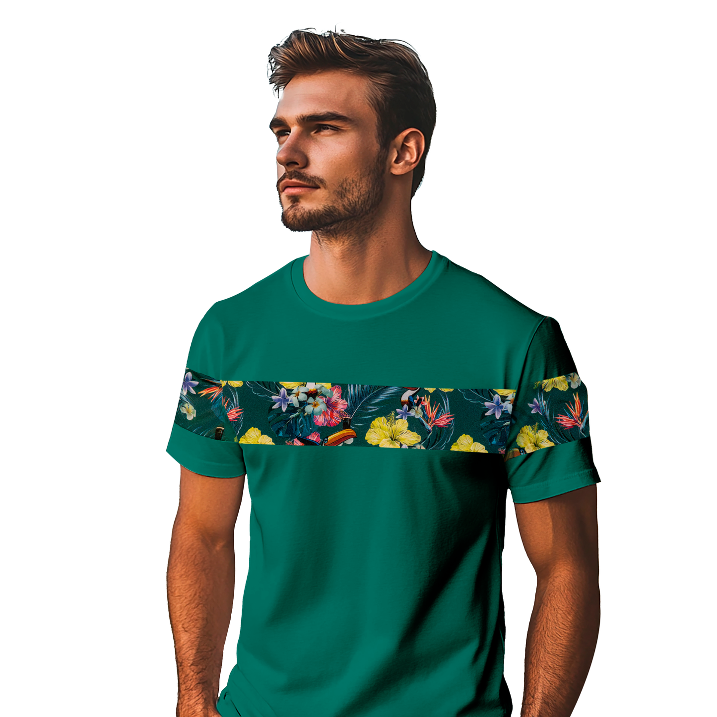 A man wearing a Guinness Toucan Hawaiian Green T-Shirt from Guinness UK, featuring a vibrant floral stripe across the chest, stands against a plain white background.