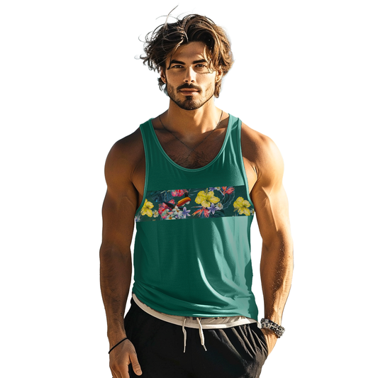 A man wearing a Guinness Toucan Hawaiian Green Tank by Guinness Webstore UK and black shorts stands against a white background, exuding tropical paradise vibes as he looks at the camera.