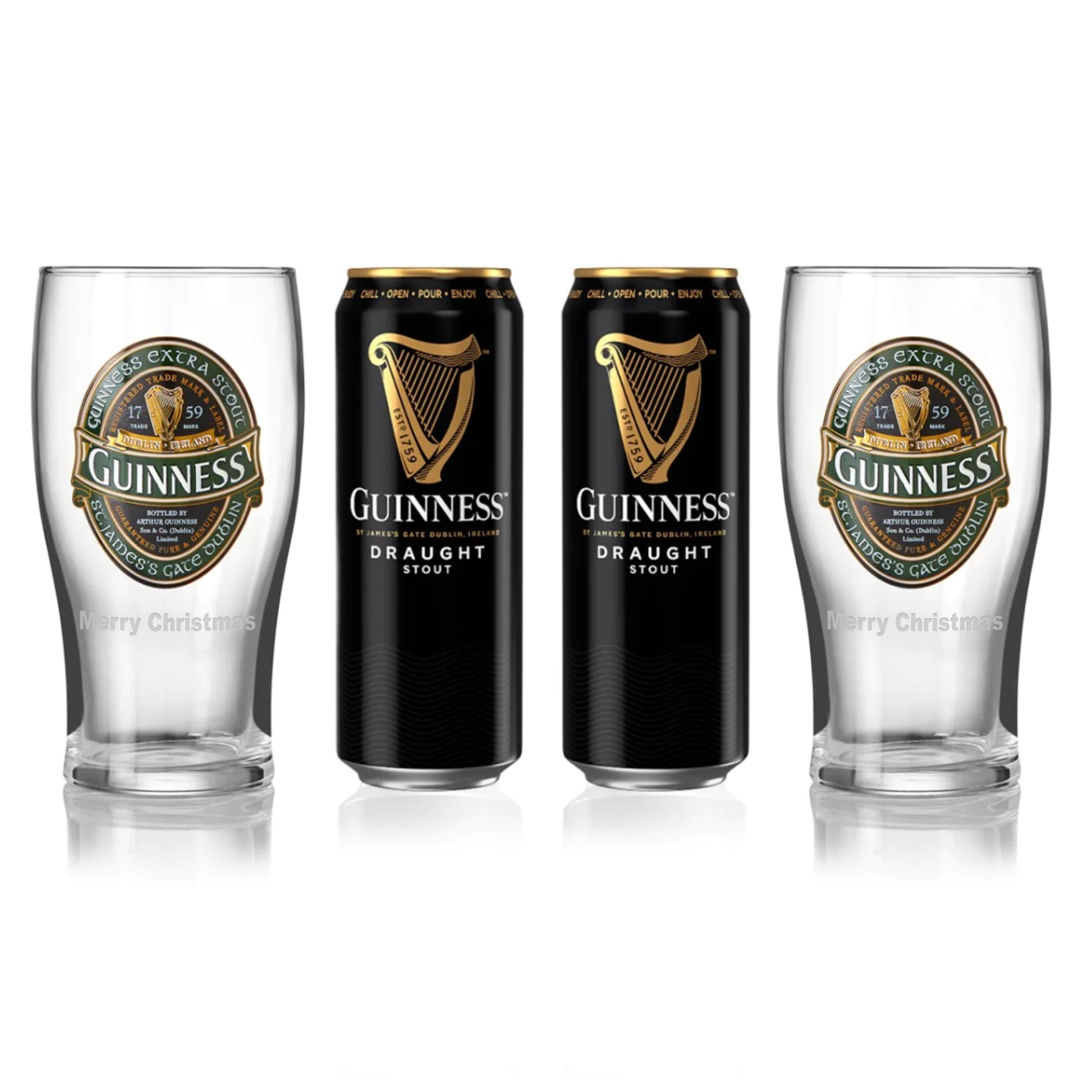 Two Guinness UK Guinness Ireland Collection Pint Glass + Can Twin Packs, each with the Guinness logo and a "Merry Christmas" inscription.