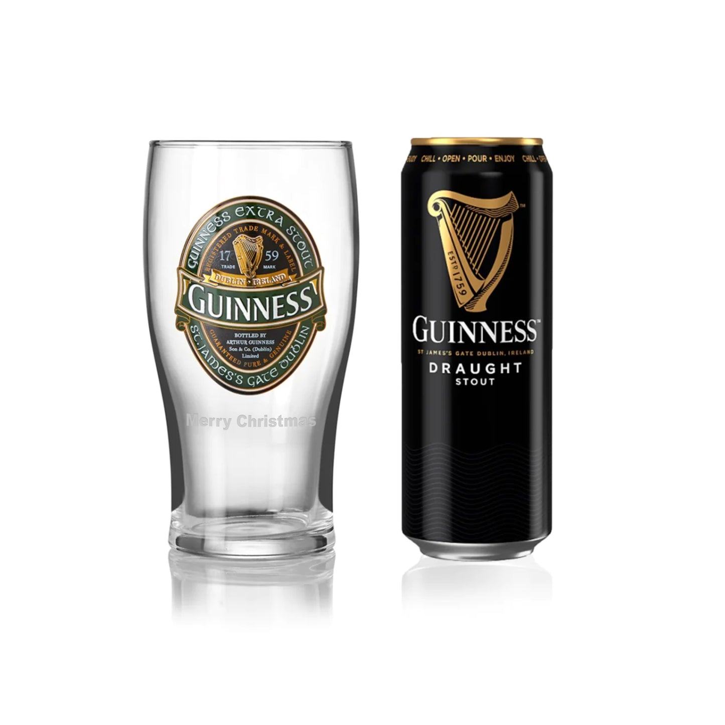 A Guinness UK Draught Stout can next to an empty Guinness Ireland Collection Pint Glass on a white background.