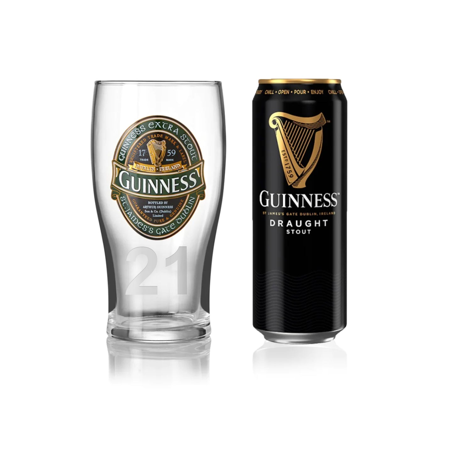 A Guinness UK draught stout can next to an empty Guinness Ireland Collection Pint Glass.