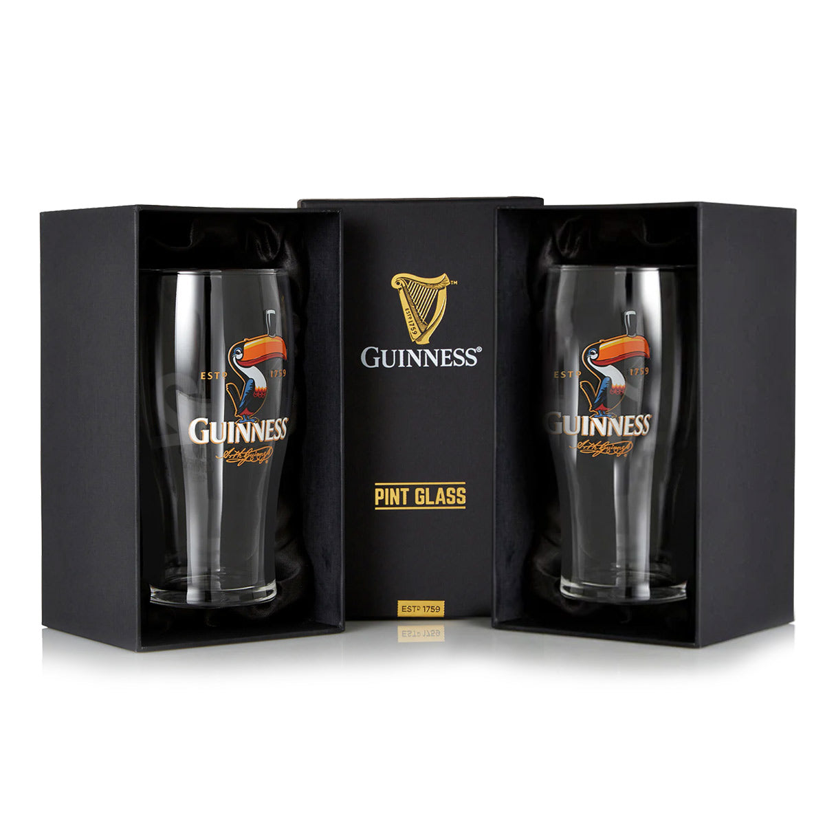 The Guinness Toucan Pint Glass - 2 Pack by Guinness UK comes elegantly encased in black boxes with a toucan design. Perfect for your home bar, these glasses add iconic charm to any gathering.