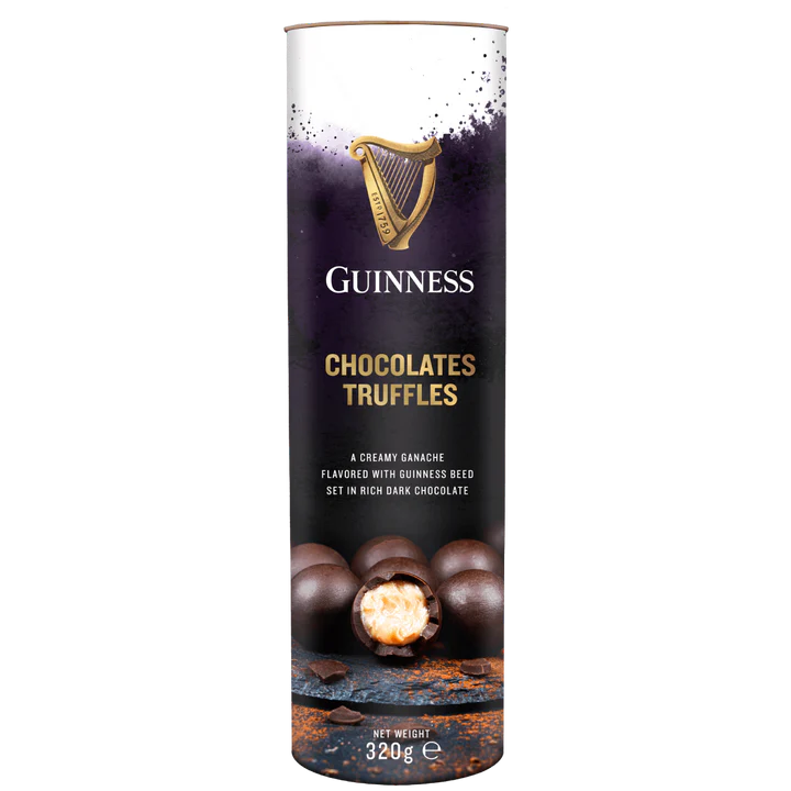 A cylindrical package labeled "Guinness Luxury Chocolate Truffles" contains dark chocolate truffles with creamy ganache infused with Guinness beer, making it an ideal treat for any Guinness enthusiast. Net weight: 320g.