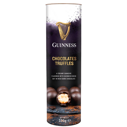 A cylindrical package labeled "Guinness Luxury Chocolate Truffles" contains dark chocolate truffles with creamy ganache infused with Guinness beer, making it an ideal treat for any Guinness enthusiast. Net weight: 320g.