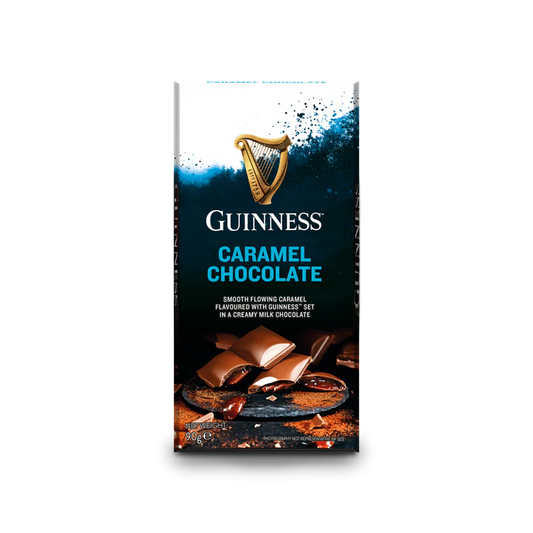 A bar of Guinness Luxury Caramel Chocolate, with a rich caramel core, features an enticing image of melting caramel and chocolate pieces on the packaging.