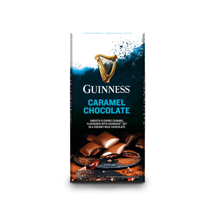 A bar of Guinness Luxury Caramel Chocolate, with a rich caramel core, features an enticing image of melting caramel and chocolate pieces on the packaging.