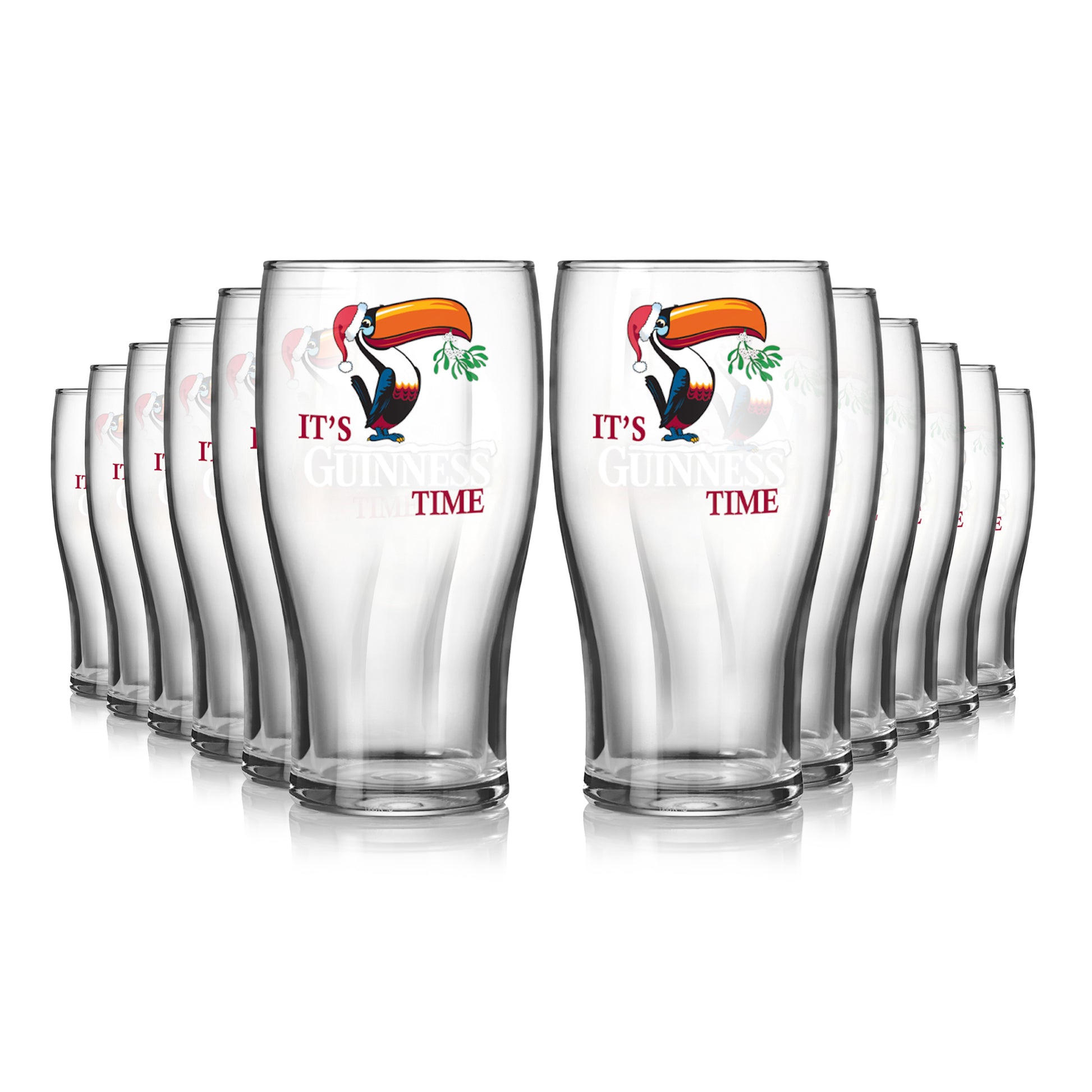 The Guinness UK Christmas Toucan Pint Glass - 12 Pack features a festive toucan design with "It's Guinness Time" text on each glass, perfect for holiday gatherings and dishwasher-safe.