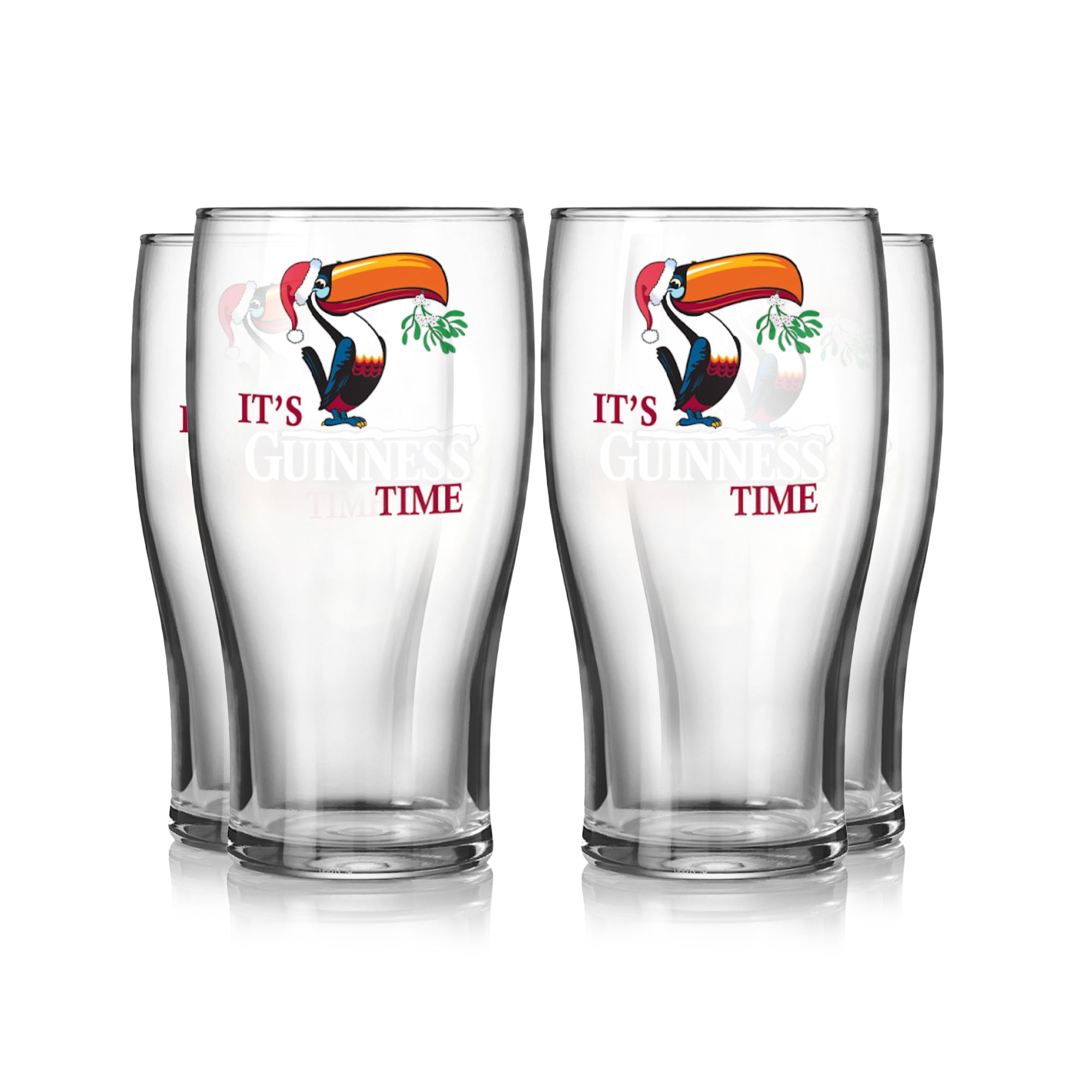 Elevate your collection with the Guinness Christmas Toucan Pint Glass 4-Pack. Each glass features a cartoon toucan and "It's Guinness Time" text. Perfect for festive gatherings, these glasses bring iconic Guinness UK charm to every toast.