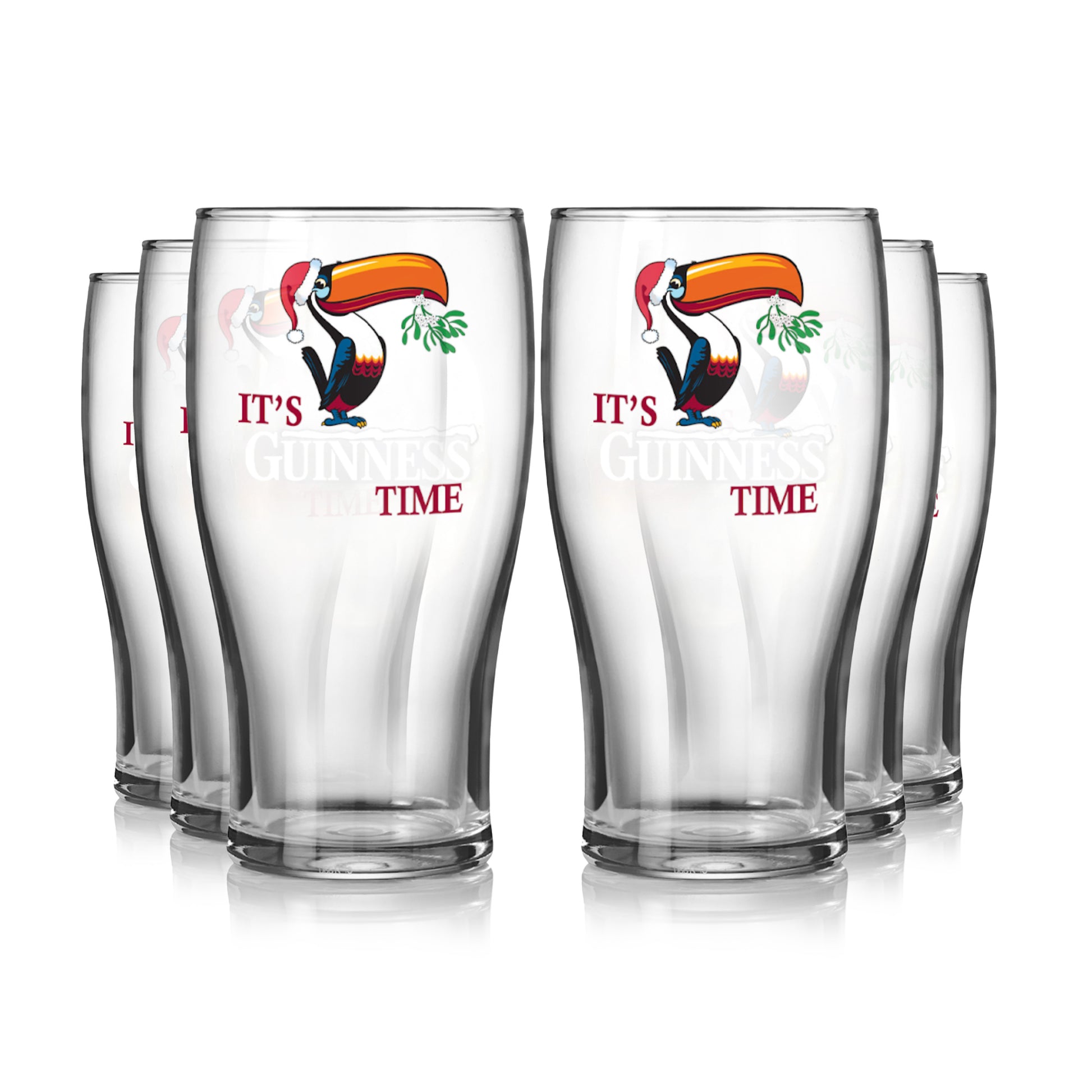 The Guinness Christmas Toucan Pint Glass 6 Pack, by Guinness UK, features six clear pint glasses with the iconic Toucan and "It's Guinness Time" design, perfectly arranged in two rows to add festive charm to any gathering.