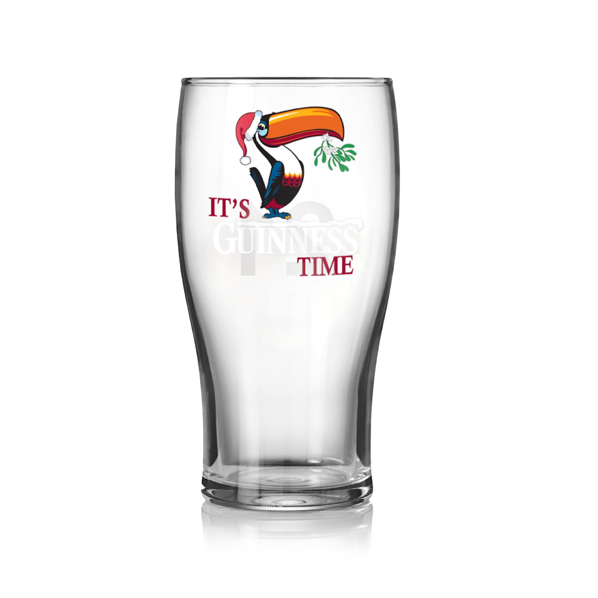 The Guinness Christmas Toucan Pint Glass showcases a cartoon toucan in a Santa hat holding mistletoe with the text "It's Guinness Time," ideal for Christmas celebrations and fans of festive Guinness merchandise.