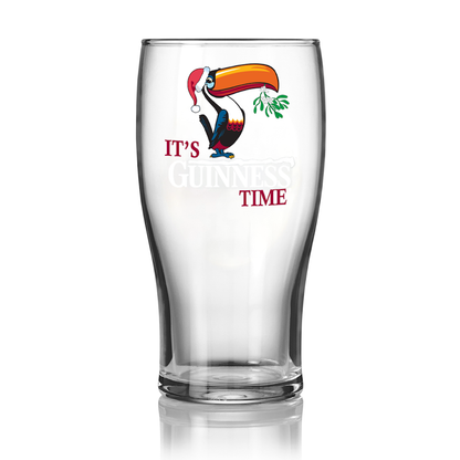 The Guinness UK Christmas Toucan Pint Glass 2-Pack features a Santa-hat toucan with a sprig and festive "It's Guinness Time" text, ideal for holiday gatherings and enhancing your Guinness celebrations.