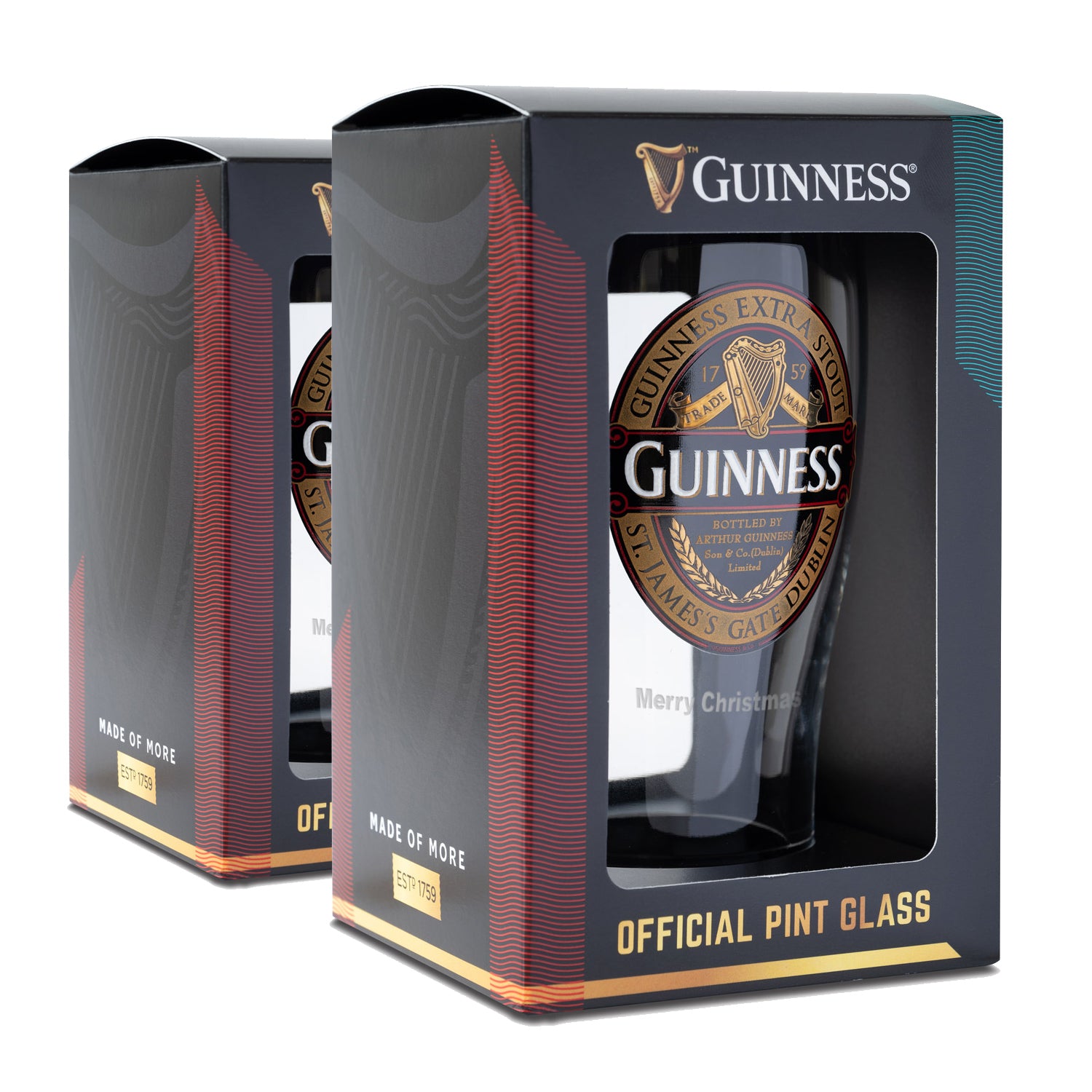 The Guinness Classic Collection Pint Glass - 2 Pack by Guinness UK features two elegantly boxed pint glasses, adorned with the iconic logo and "Merry Christmas" text, paying tribute to the Extra Stout label and capturing the rich heritage of Guinness.