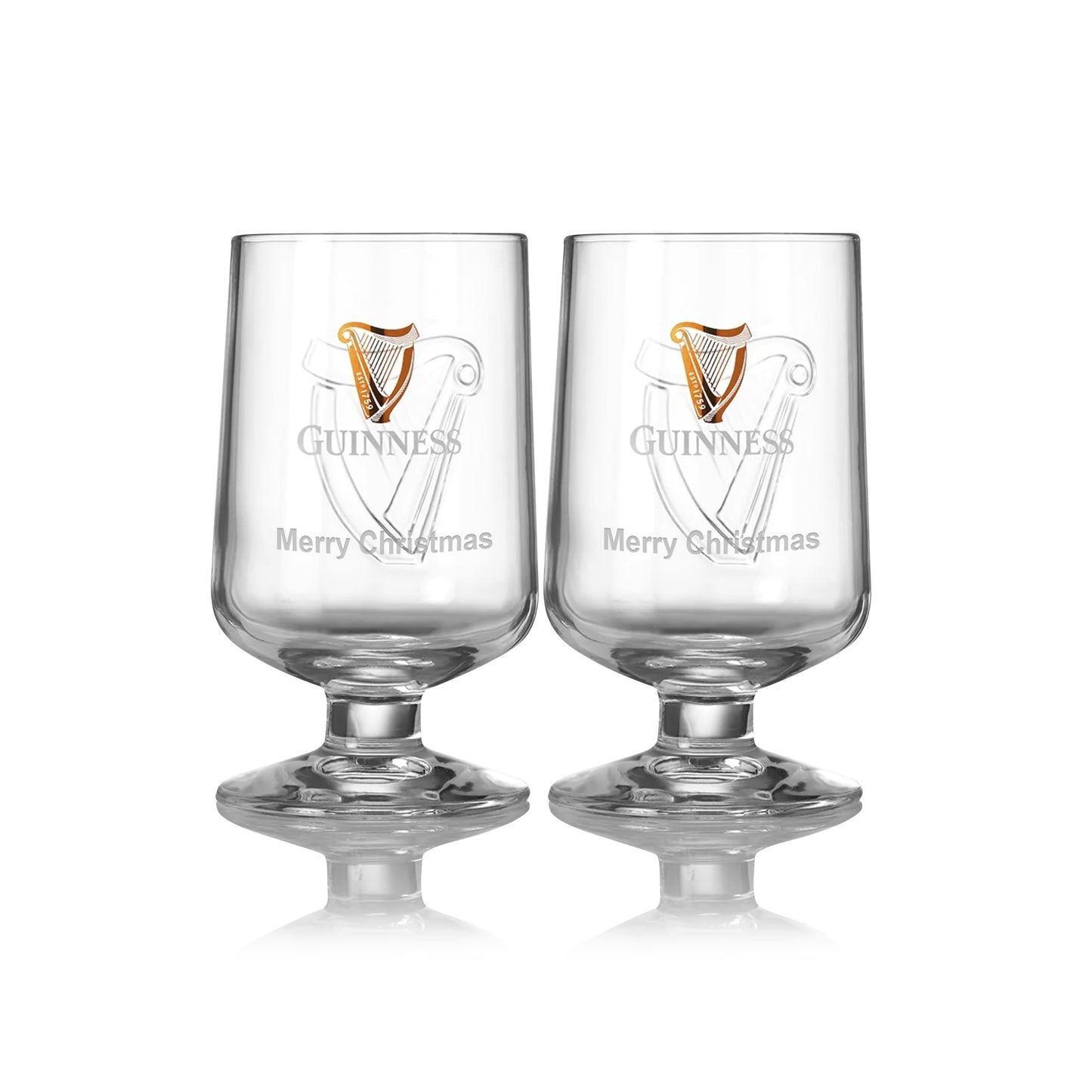 The Guinness UK 2-pack features half-pint embossed stem glasses, each with the harp logo and "Merry Christmas" engraving.