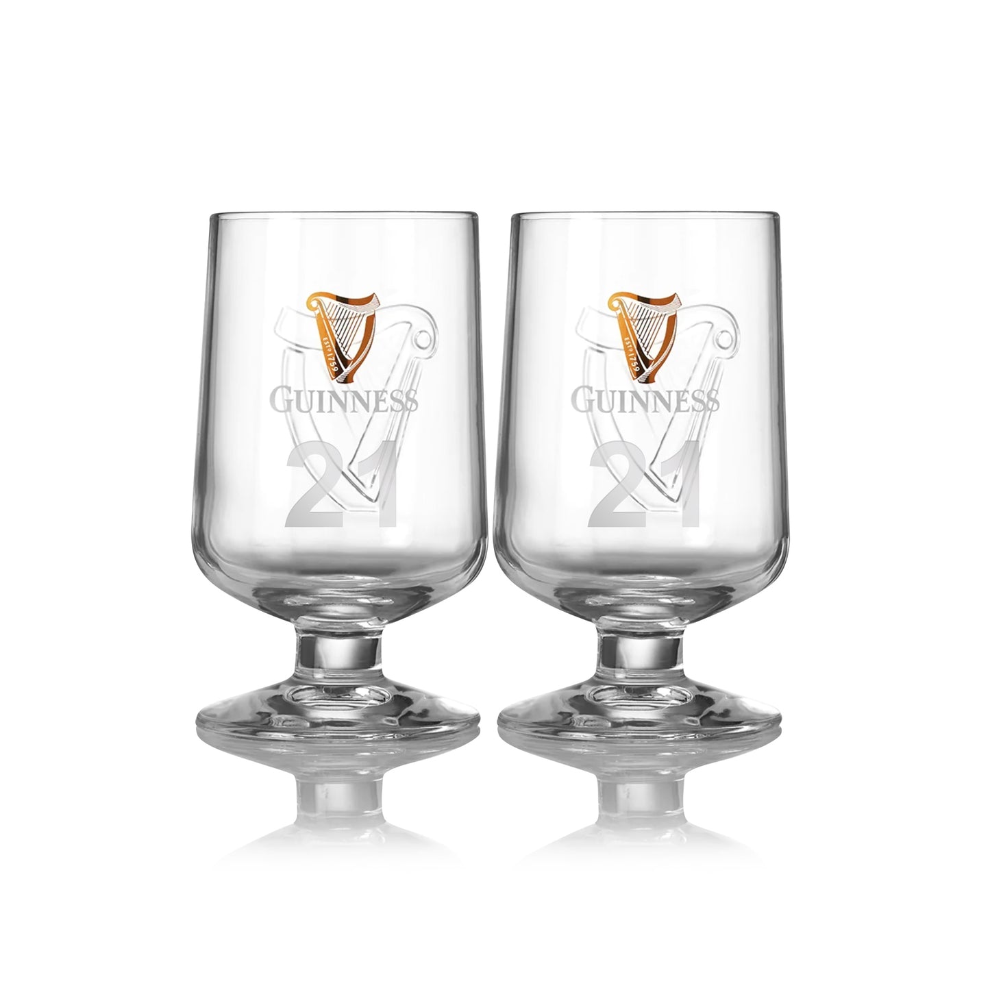 A pair of 420ml clear glasses embossed with the iconic Guinness Harp logo and symbols from Guinness UK, set against a white background.