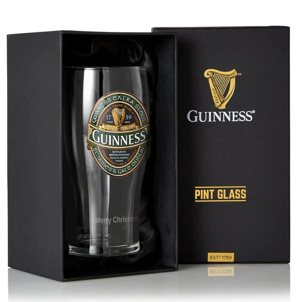 Guinness Ireland Collection Pint Glass - 2 Pack features a pint glass in a black box with the Guinness logo and "Merry Christmas" text.