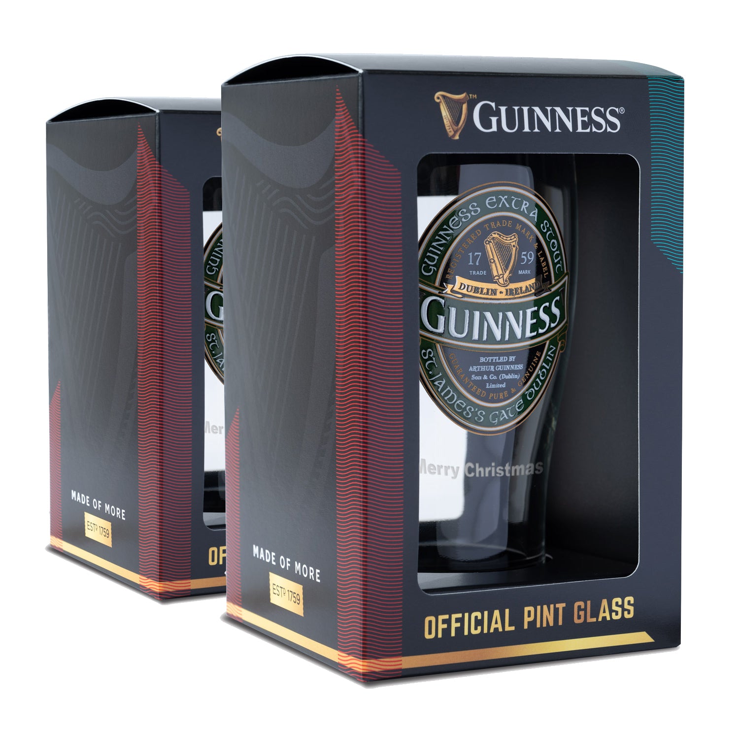 Two boxed sets include a Guinness Ireland Collection Pint Glass - 2 Pack and a bottle of Guinness Extra Stout in festive packaging. These stylish pieces of official merchandise perfectly showcase the iconic Extra Stout label.