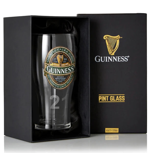 The Guinness Ireland Collection Pint Glass 2-Pack features elegantly branded pint glasses in a black gift box. The box displays "Pint Glass" and "Estp 1759," adding heritage to your beer glass collection.