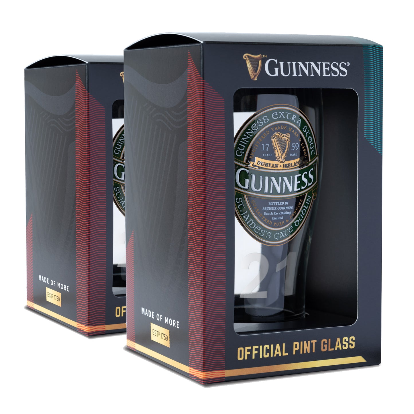 A boxed set of two Guinness Ireland Collection Pint Glasses, showcasing the iconic Extra Stout Label and packaged with authentic branding from the Guinness Official Merchandise collection.