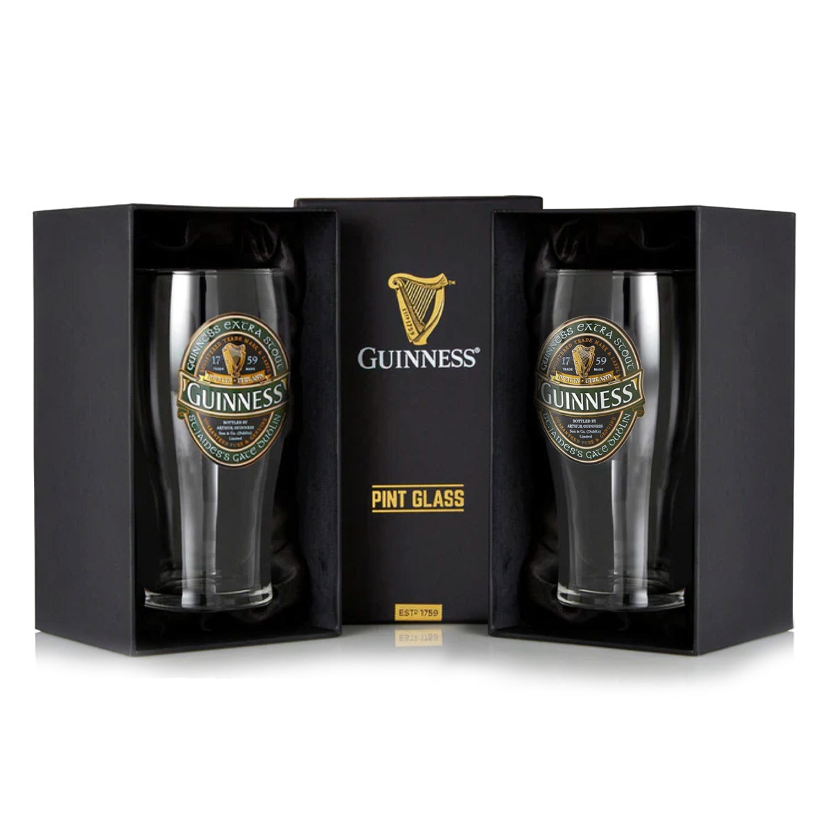 The Guinness Ireland Collection Pint Glass 2 Pack is elegantly presented in sleek black packaging with the iconic Guinness harp logo and a central box labeled "Pint Glass," showcasing its Official Guinness Merchandise status.