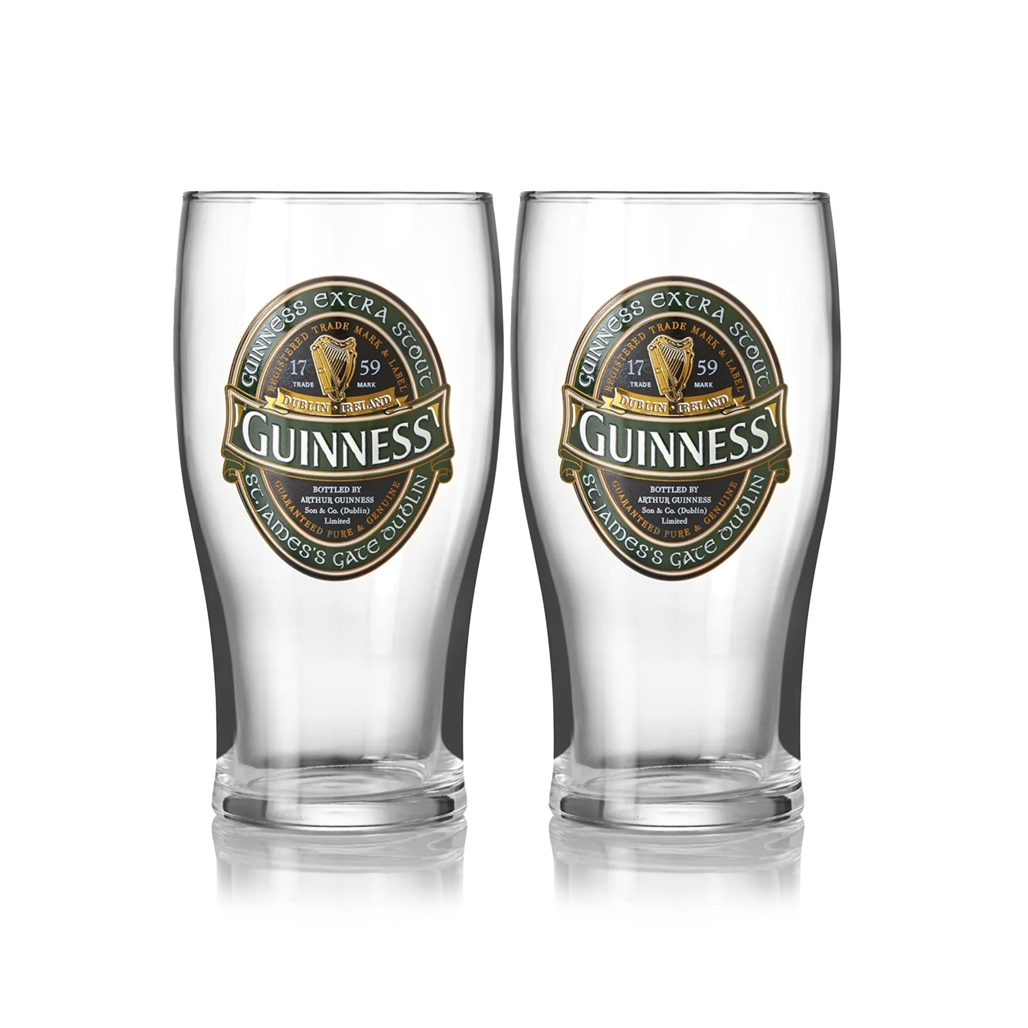 Two Guinness Ireland Collection Pint Glasses on a white background.