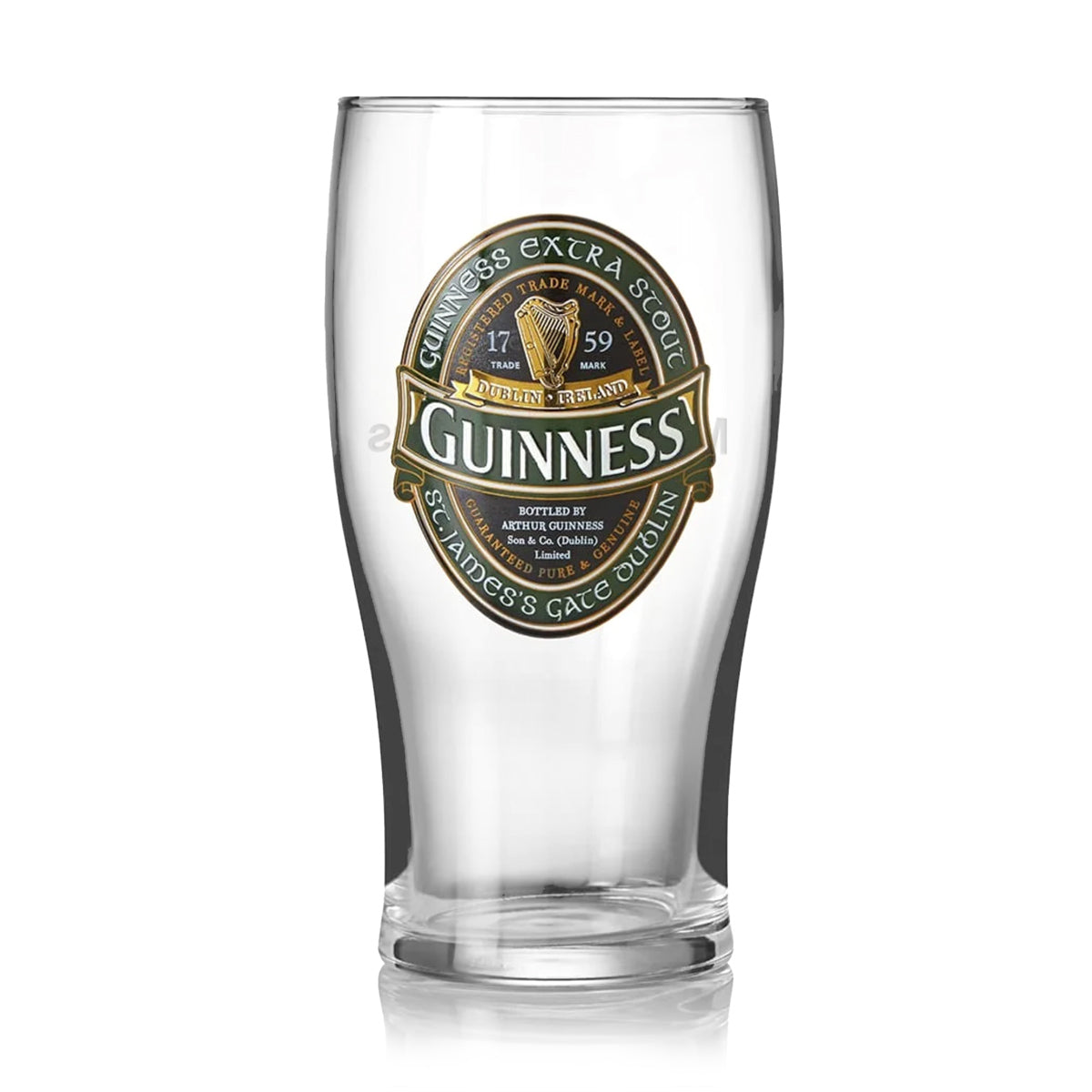 A pint glass from the Guinness Ireland Collection features the Guinness Extra Stout label with the iconic harp logo and "St. James's Gate, Dublin" text.