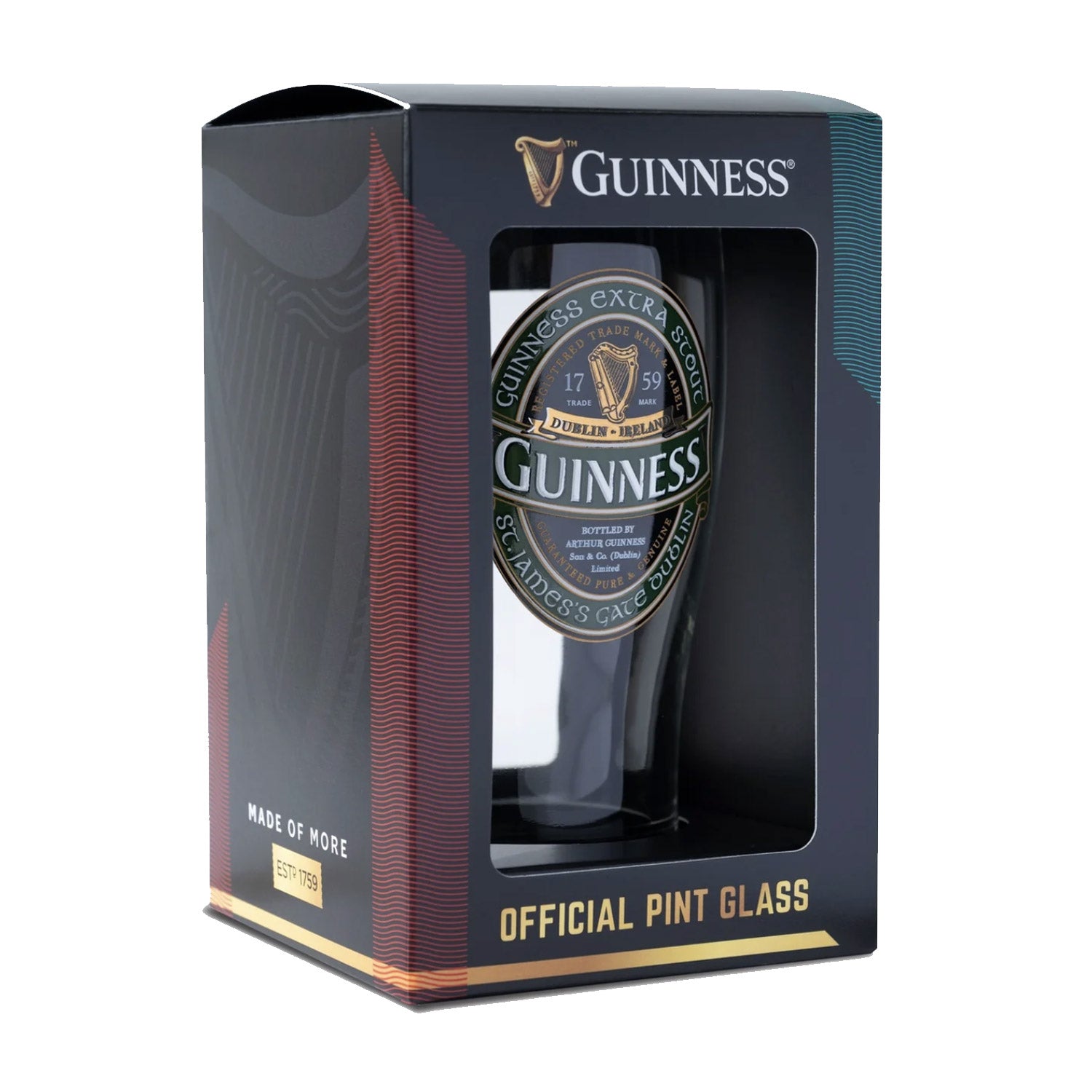 The Guinness Ireland Collection Pint Glass features branding and logo visible through a transparent window in its box, representing the exclusive collection.