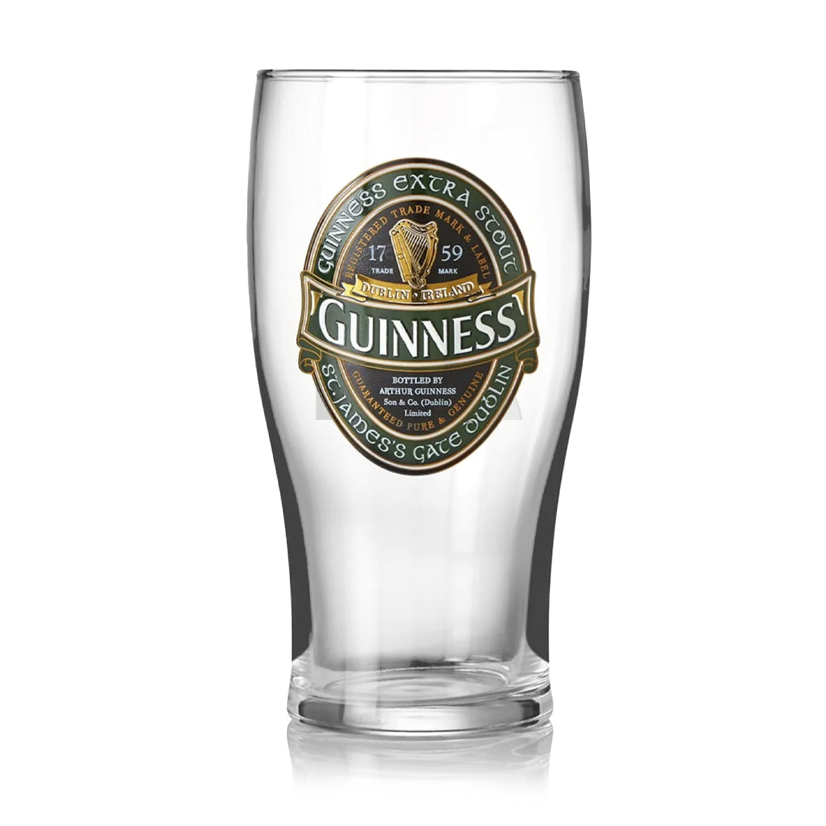 The Guinness Ireland Collection Pint Glass, from the Guinness brand, displays an empty glass with a label in gold, green, and cream tones. The "St. James's Gate Dublin" text enhances its authenticity as a cherished keepsake.