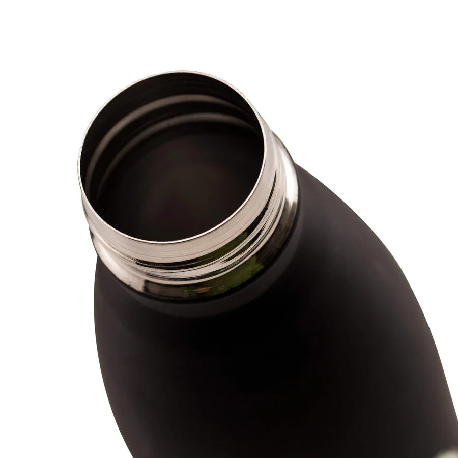 Close-up of an open Guinness Gilroy Metal Water Bottle by Guinness Webstore UK, featuring a black stainless steel design with a silver rim, viewed from an angle against a white background.