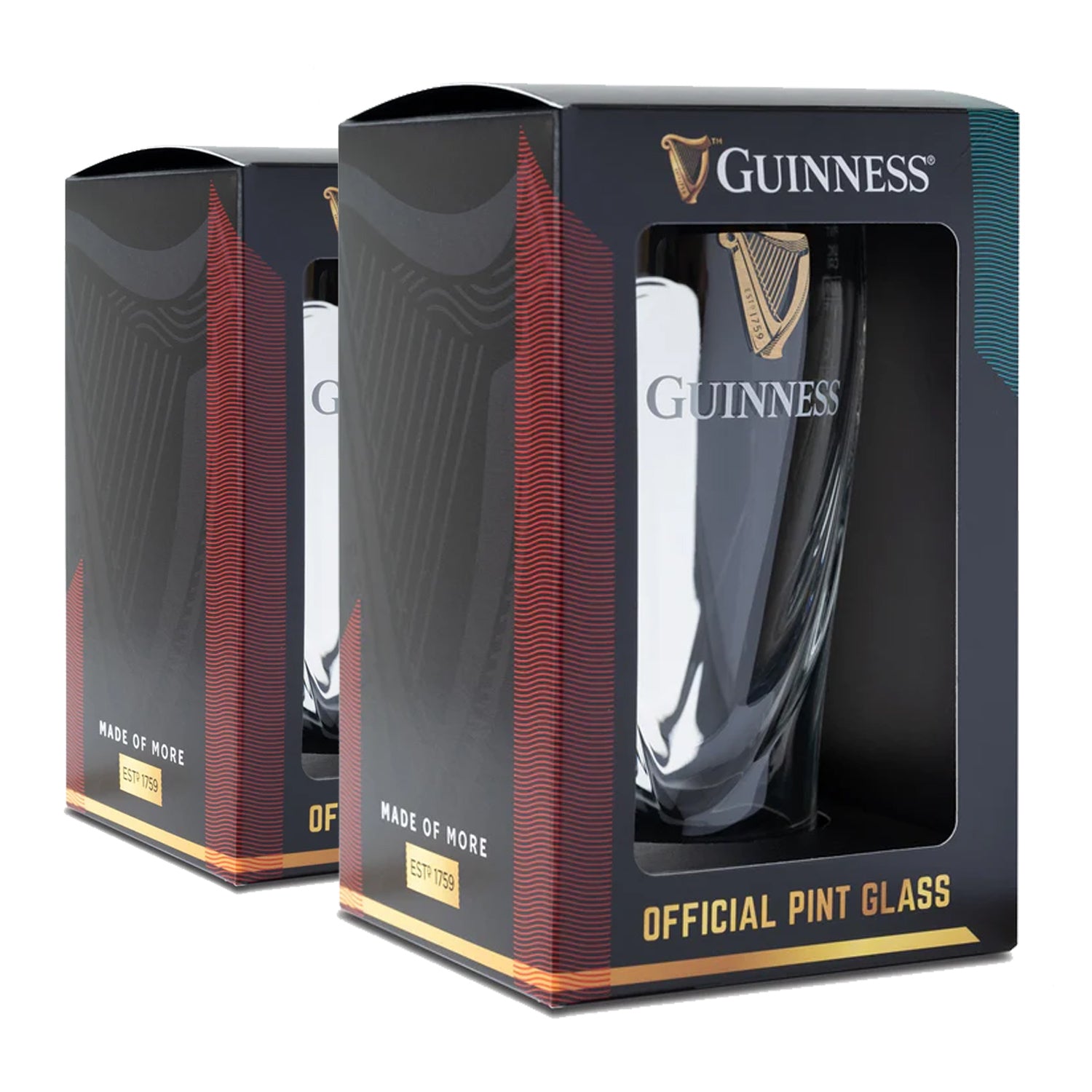 The Guinness UK Pint Glass 2 Pack, elegantly boxed in black and red, features logos with "Official Pint Glass" and "Made of More." Ideal for enhancing your beer glass collection.