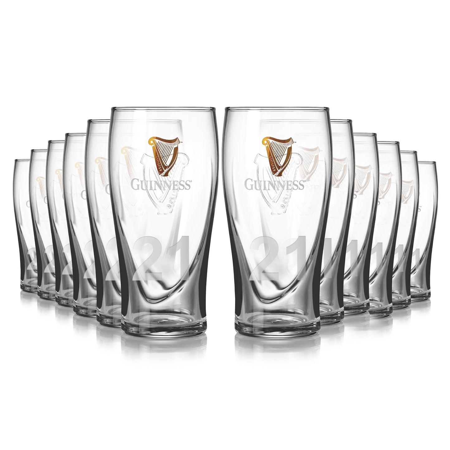 A set of twelve empty "Guinness Pint Glasses" by Guinness UK, each engraved with the logo and "21," sits on the counter, offering an authentic Guinness experience for your home bar.