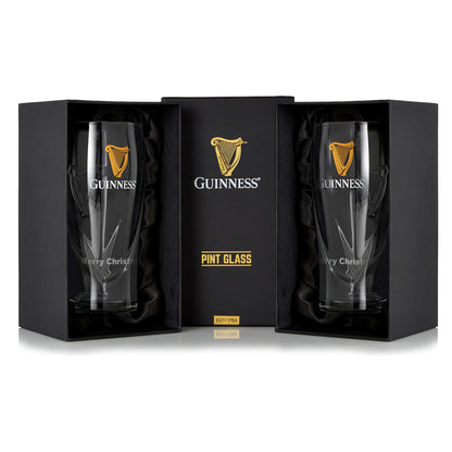 The Guinness UK Pint Glass - 2 Pack comes in a stylish black gift box with gold accents, ideal for any beer glass collection.