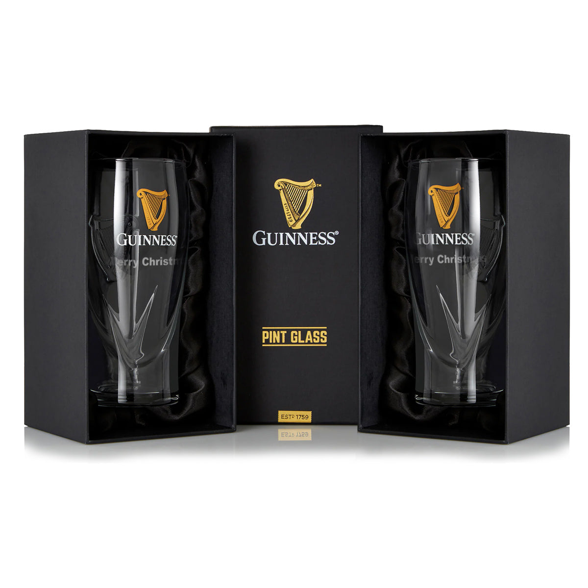 The Guinness Pint Glass - 2 Pack by Guinness UK includes two pint glasses in black gift boxes, featuring logos and "Merry Christmas" text, perfect for enhancing any beer glass collection and enjoying a festive pint.