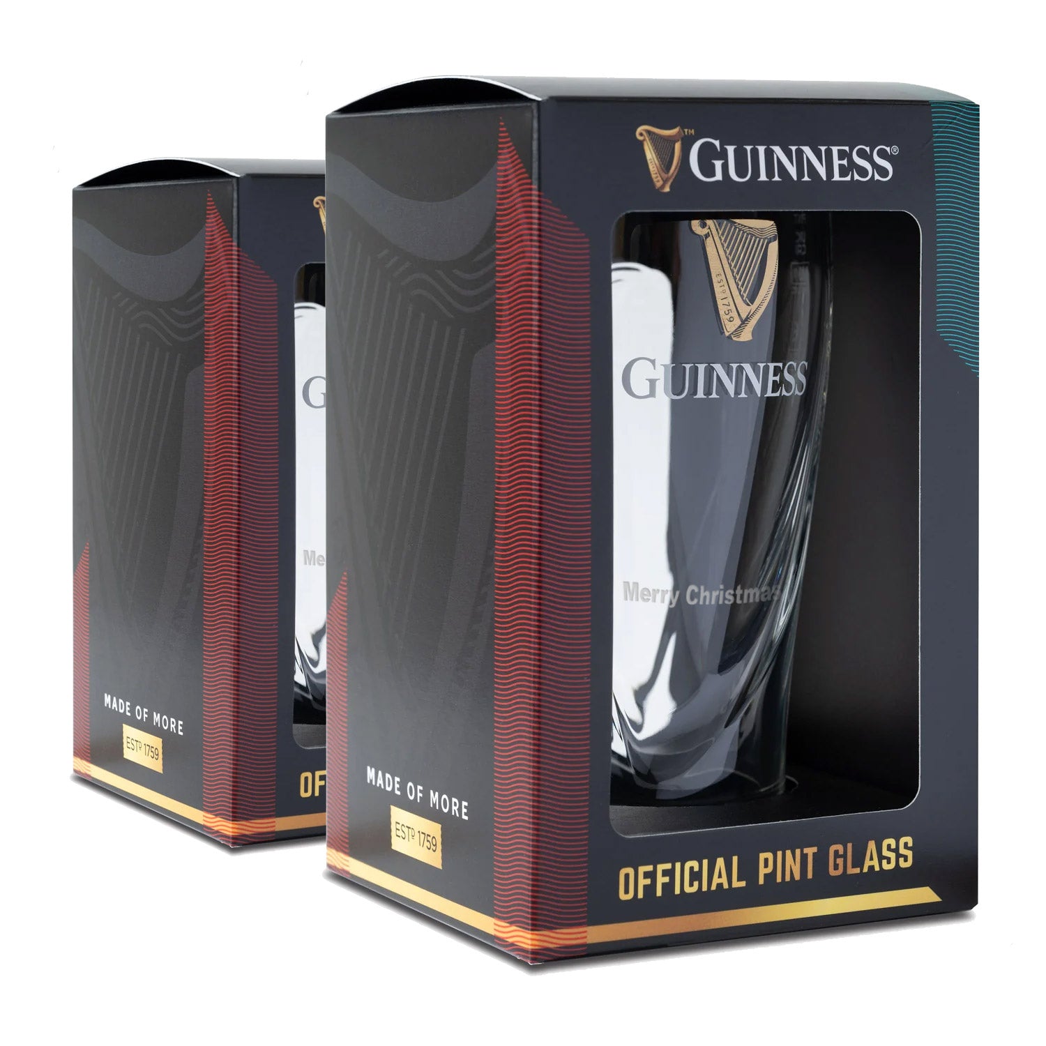 The Guinness UK Pint Glass - 2 Pack features two boxed glasses with "Merry Christmas" text in dark packaging showcasing the iconic brand logo and design, ideal for any beer glass collection.