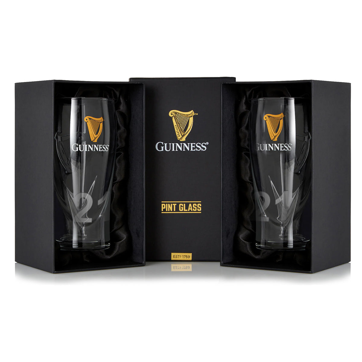 The Guinness UK Pint Glass - 2 Pack features two logo-adorned glasses in an elegant open black gift box, ideal for enhancing any beer glass collection.