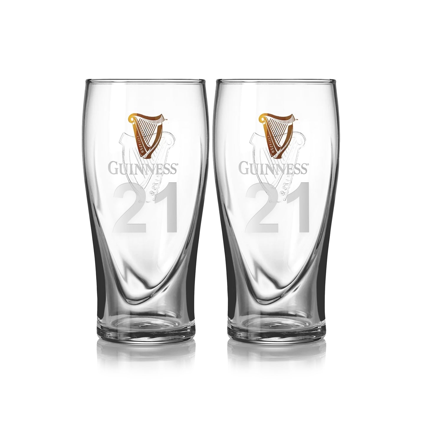 The Guinness Pint Glass 2 Pack by Guinness UK includes two clear glasses, ideal for any beer collection, featuring the iconic logo and the number 21 against a plain white background.