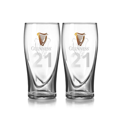 The Guinness Pint Glass 2 Pack by Guinness UK includes two clear glasses, ideal for any beer collection, featuring the iconic logo and the number 21 against a plain white background.