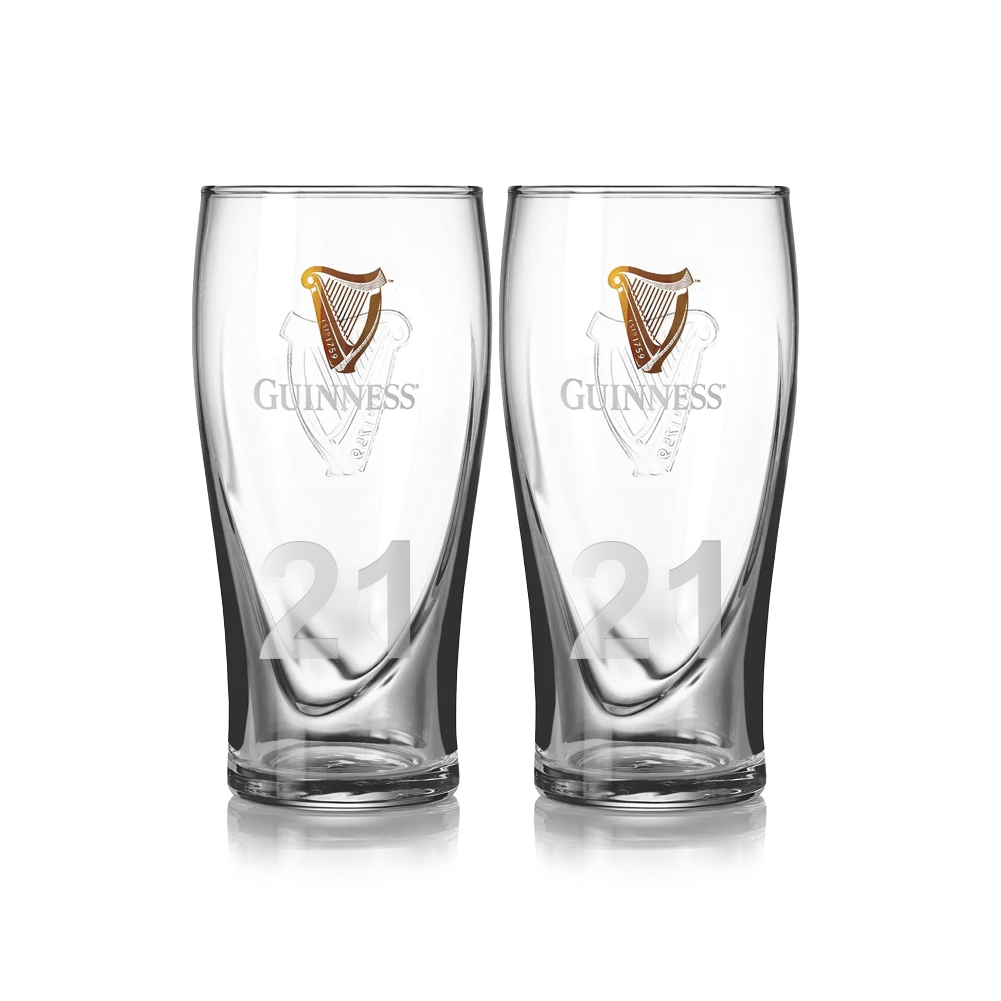 A pair of Guinness UK pint glasses, featuring the iconic logo and number 21, ideal for any beer glass collection.