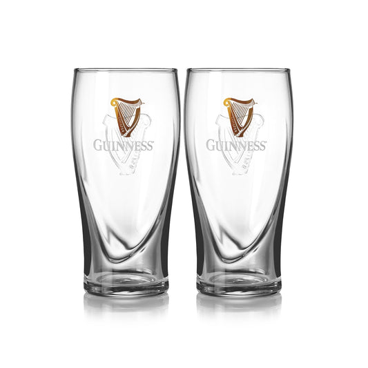 Two Guinness UK pint glasses on a white background.