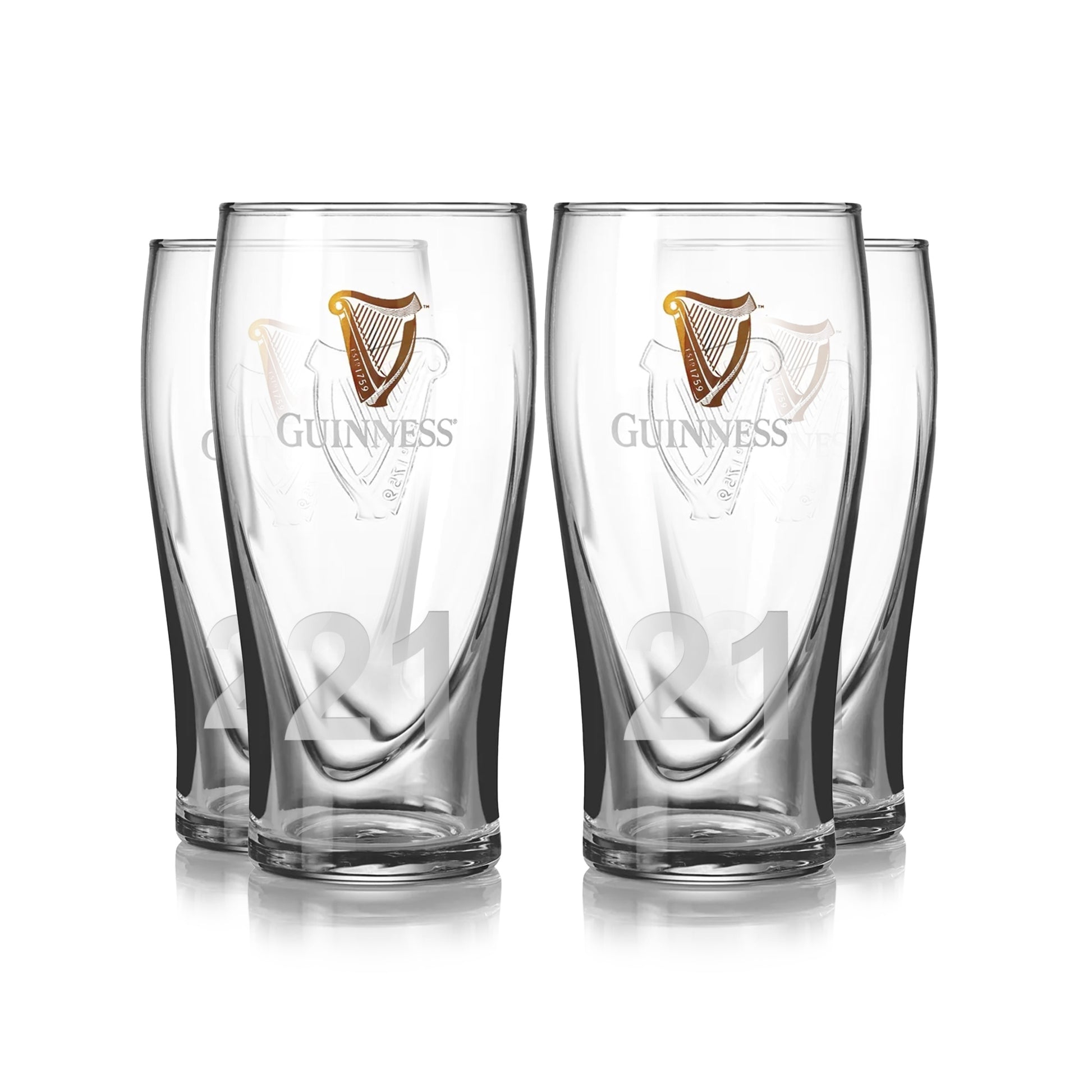 The Guinness Pint Glass - 4 Pack by Guinness UK features four branded pints with the iconic logo and "21" embossed on them, arranged in two neat rows, making it an ideal home bar gift.