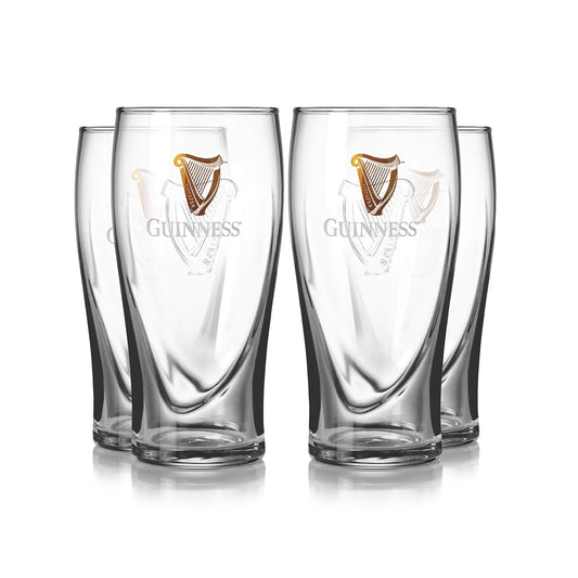 Four Guinness UK pint glasses, perfect as a gift, placed on a clean white background.