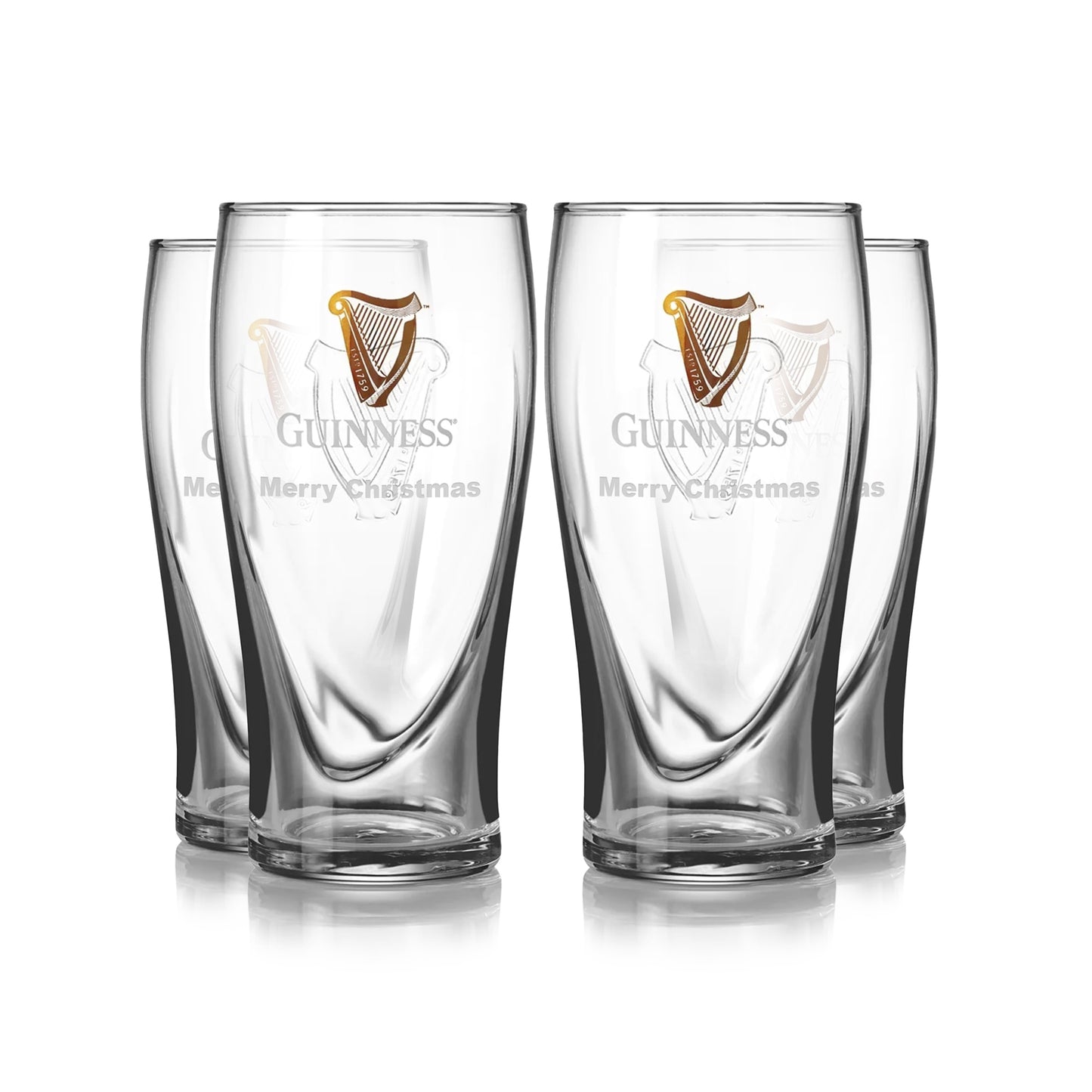 The Guinness UK Pint Glass 4 Pack features four clear glasses, etched with the iconic Guinness logo and "Merry Christmas," making them perfect festive branded pint glasses.