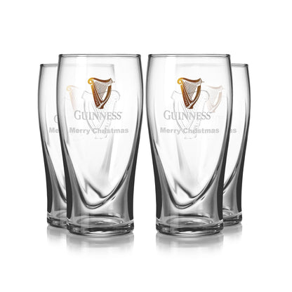 The Guinness UK Pint Glass 4 Pack features four clear glasses, etched with the iconic Guinness logo and "Merry Christmas," making them perfect festive branded pint glasses.