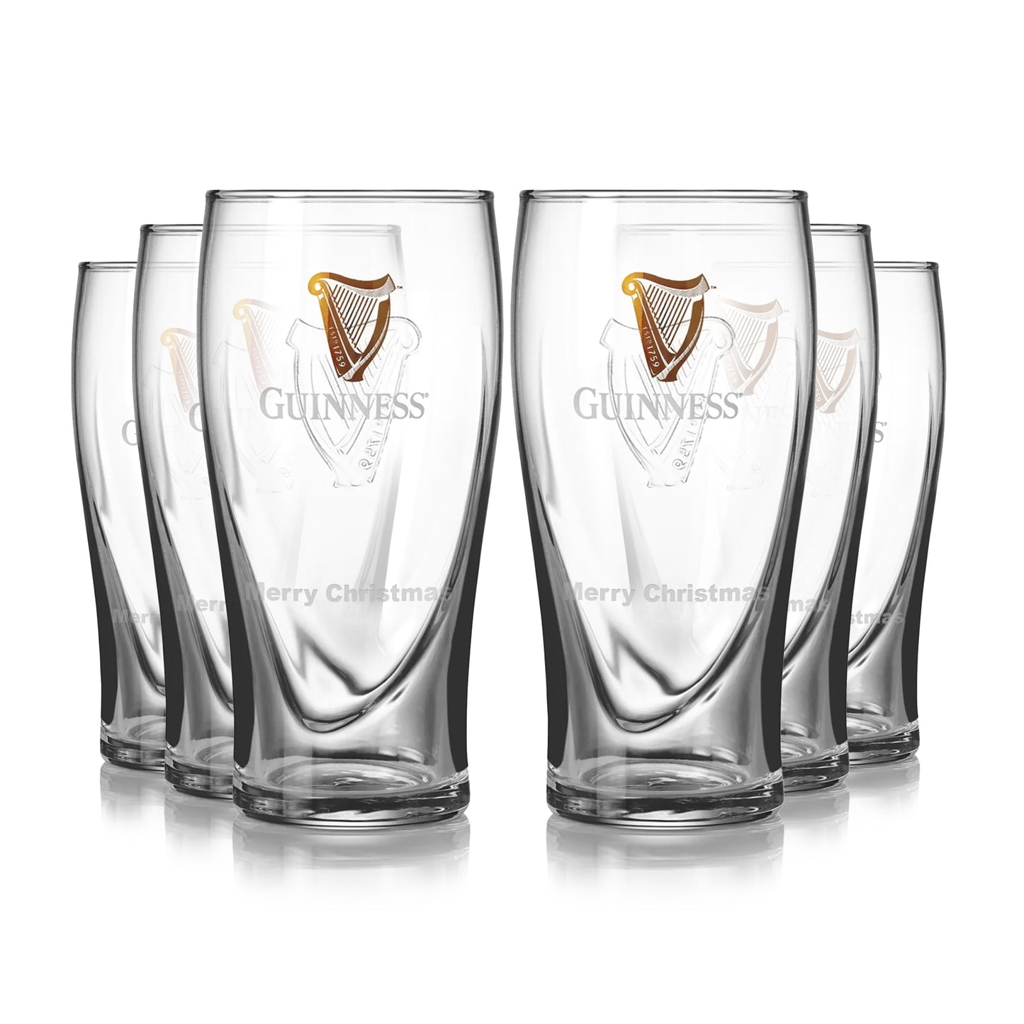 Set of six Guinness UK pint glasses with the iconic gold and white embossed Harp logo, arranged in two rows.