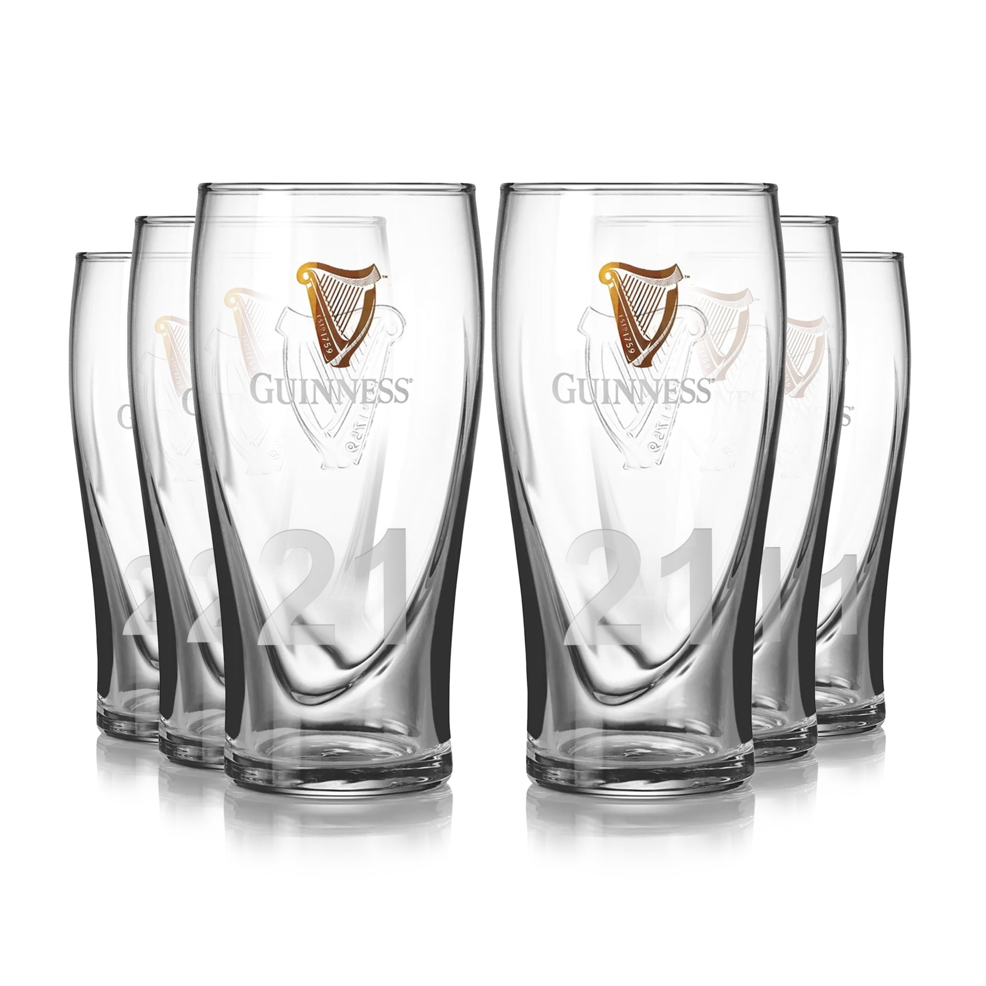 Six Guinness UK pint glasses from the Guinness Pint Glasses - 6 Pack feature the iconic Gold Harp Logo and number 21, arranged in two rows.