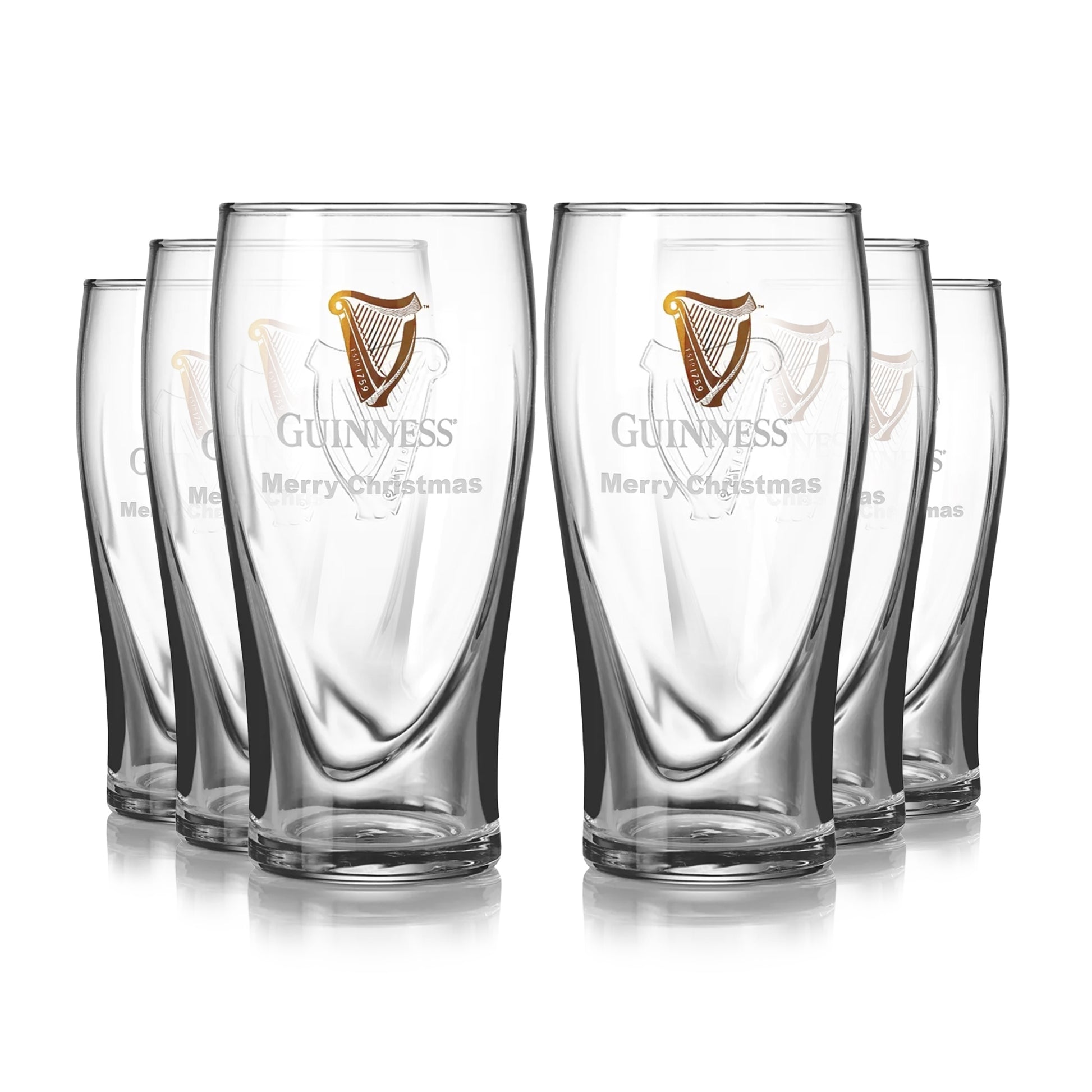 The Guinness UK Pint Glasses 6 Pack showcases six clear glasses with the iconic Gold Guinness Harp Logo and "Guinness Merry Christmas" text, neatly displayed in two rows on a clean white background.