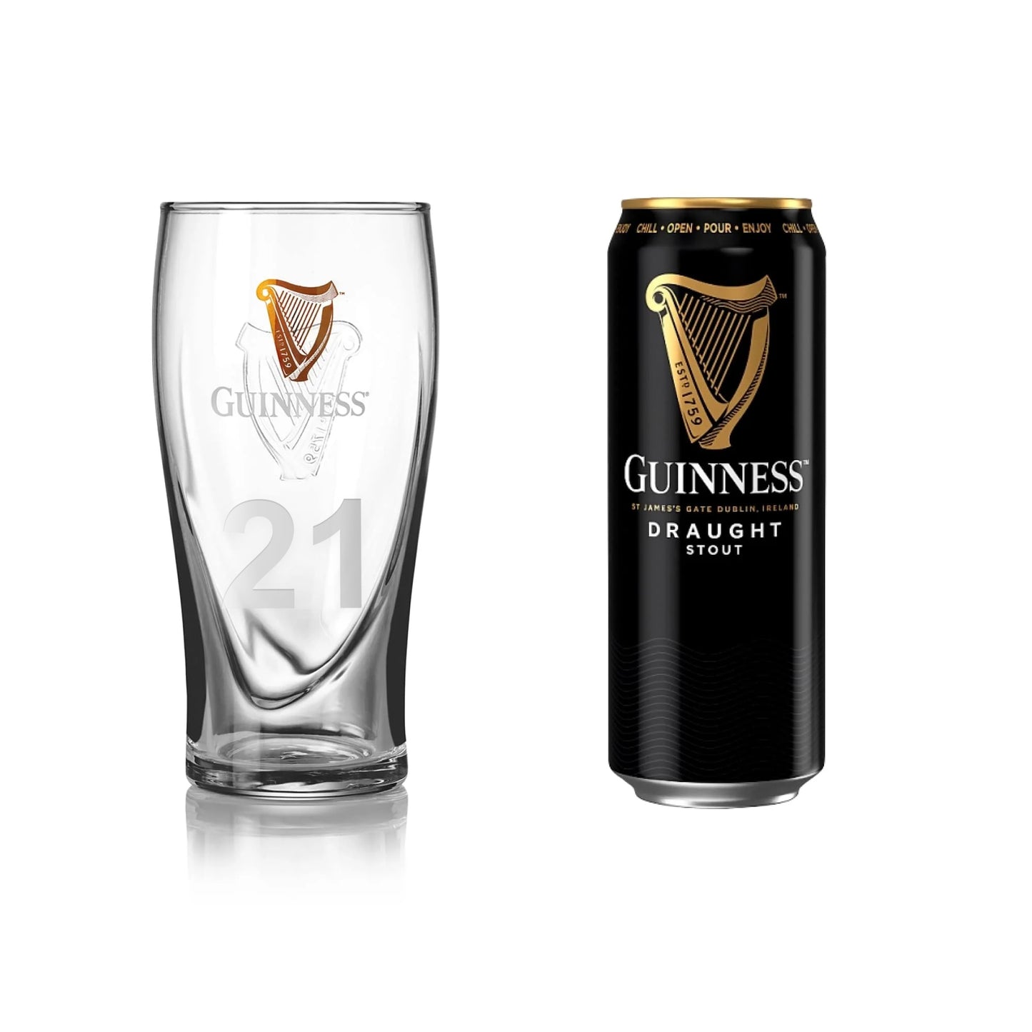 A Guinness UK-branded pint glass from a Guinness UK pint glass set beside a can of Guinness UK draught beer, perfect for any beer lover.