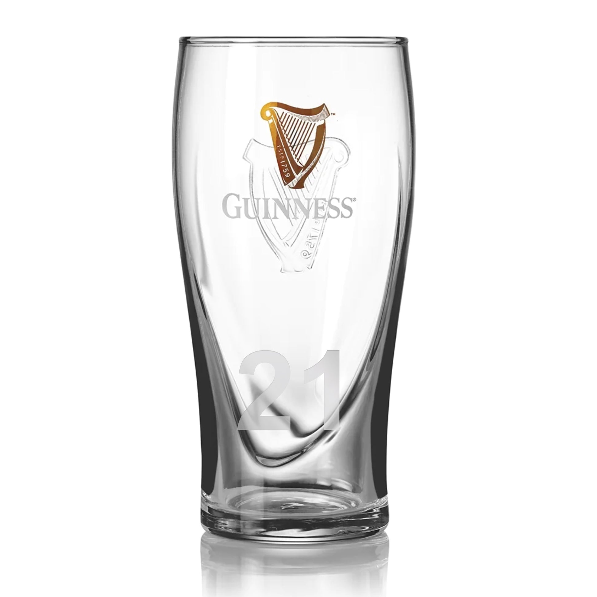 This stylish Guinness Pint Glass, from the Guinness Official Merchandise line, showcases the classic "Guinness" logo and the number "21," along with a delicate Harp Logo etched onto its clear surface for an authentic feel.